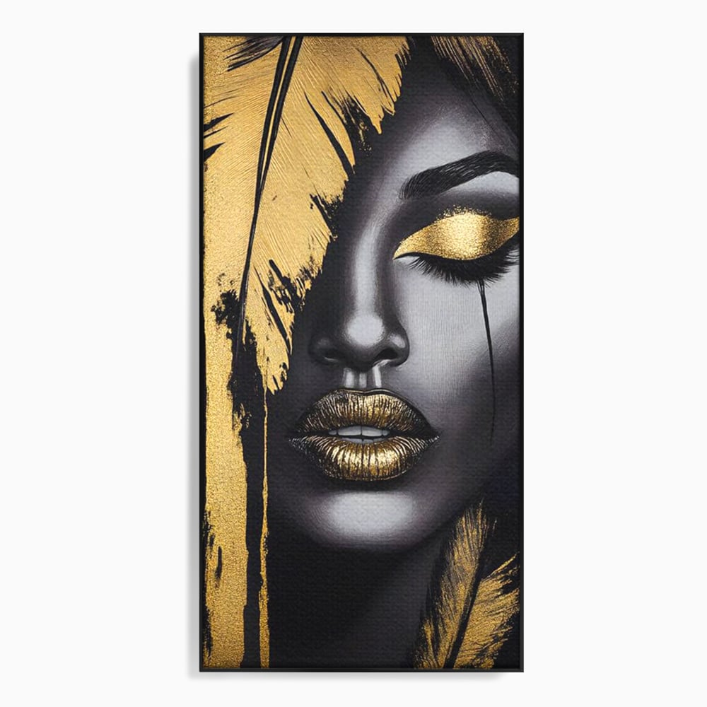 Tablou canvas cu tablou canvas cu portret stilizat de femeie, in rama de aluminiu negru